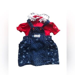 VTG OshKosh B’Gosh Denim Printed Vestbak Jumper Skirt Red Puff Sleeve Tee Sz 2T